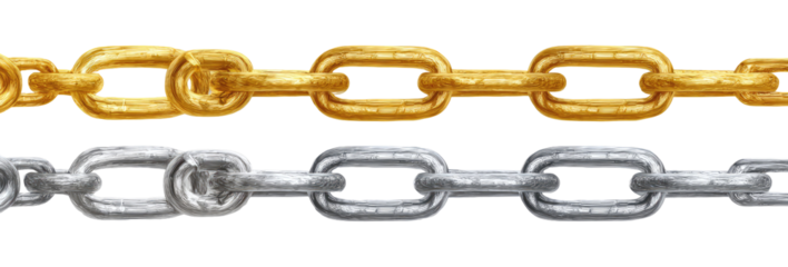 Two parallel rows of chains, one gold, one silver