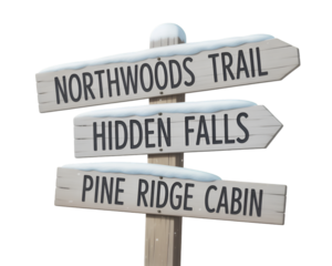 Snowy signposts collection isolated on clean white background for winter and navigation theme
