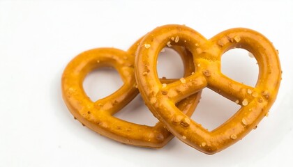 Heart shaped pretzels on white background