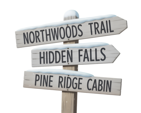 Snowy signposts collection isolated on clean white background for winter and navigation theme
