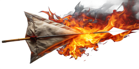 A clothcovered arrow is engulfed in intense flames and smoke, isolated on a transparent background