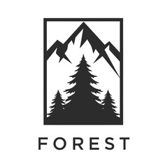 Obraz premium Black and White Forest Logo Featuring Mountains and Evergreen Trees.