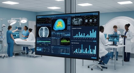 Black medical monitor showing patient data with doctors and nurses at healthcare facility. Medical technology for diagnosis and treatment.