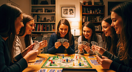 Fototapeta premium Group of young women playing a board game at home. A close-up shot filled with excitement and engagement. Bonding time, fun activity, indoor entertainment.