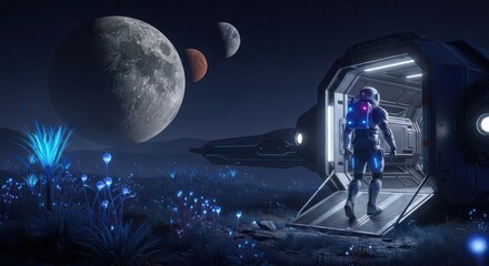 Obraz premium Man in spacesuit exiting spaceship onto alien planet with glowing plants at night, exploring new cosmic world.