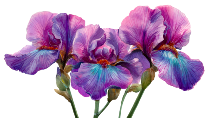Vibrant purple iris flowers with delicate petals and green stems