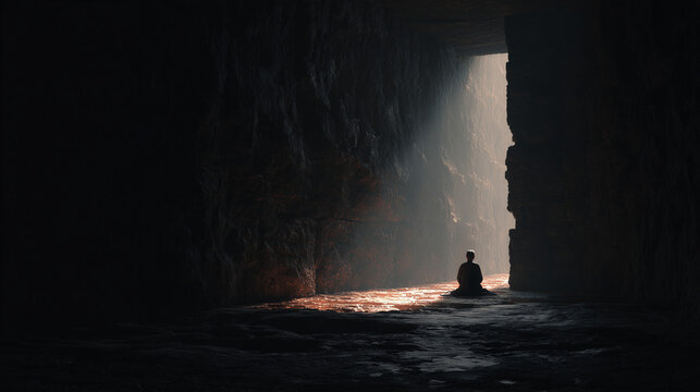 Plato's Allegory of the Cave, showing a prisoner escaping the darkness towards the light of truth.