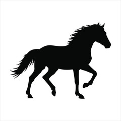 Elegant black silhouette of a horse in motion against a white background
