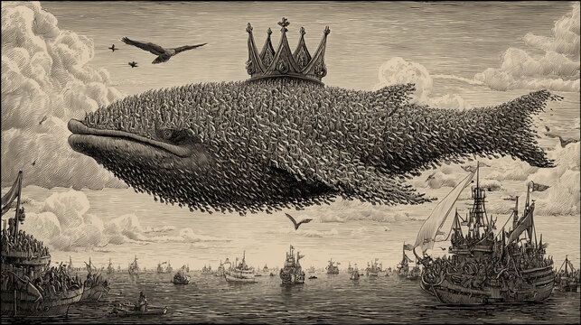 An intricate ink illustration of Hobbes' Leviathan, a sovereign composed of thousands of individuals.