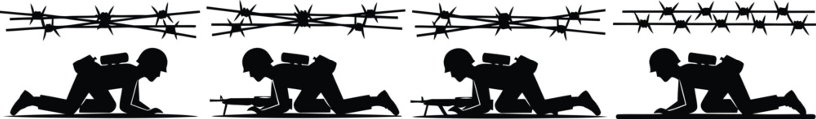 Soldier Crawling Under Barbed Wire Silhouette Icon Vector Set – Military and Training