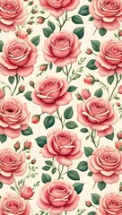 Fototapeta premium Seamless Dusty Rose Floral Pattern with Soft Green Leaves on Subtle Textured Background
