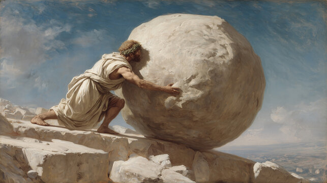 Sisyphus happy, finding meaning in the absurd struggle, in the style of a classical painting.