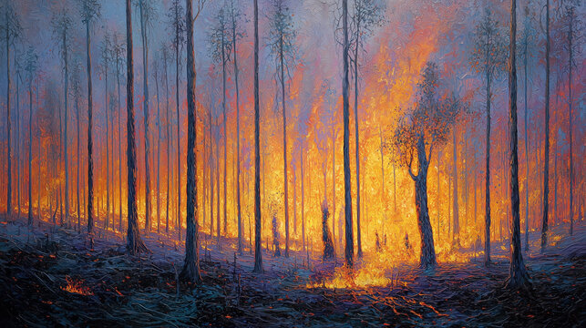 A painting of Schumpeter's "Creative Destruction" visualized as a forest fire giving way to new growth.