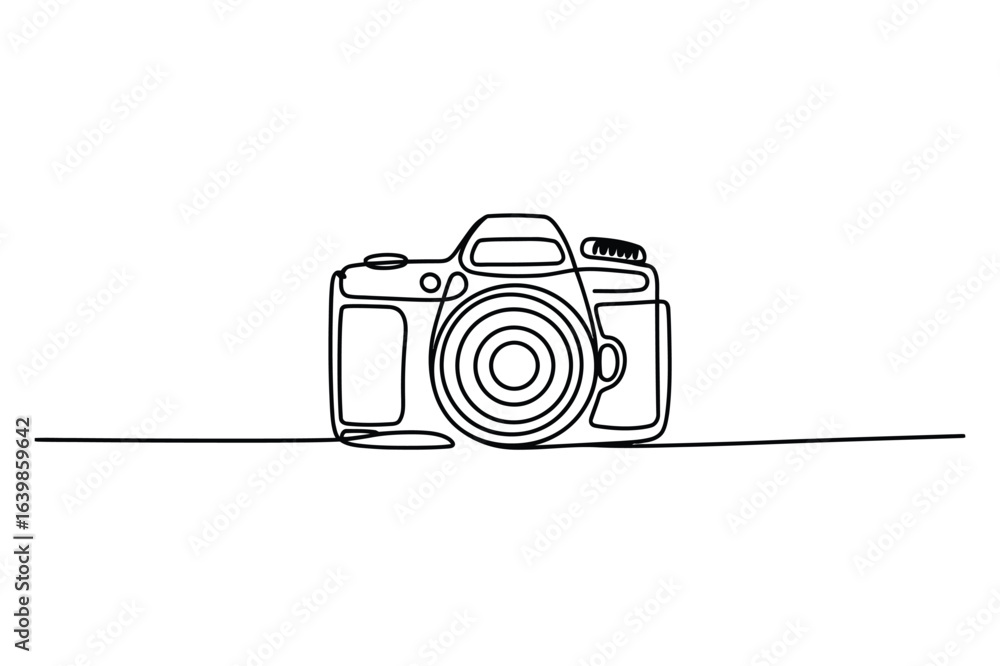 Poster continuous one-line drawing of a camera. a simple minimalist line art.