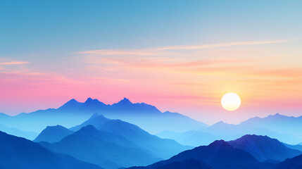 Fototapeta premium Serene landscape featuring layered mountains under colorful sunset sky, with soft hues of blue, pink, and orange creating tranquil atmosphere