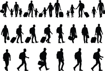 Traveler silhouettes set, men, women, and children walking with luggage, backpacks, travel bags, isolated black vector illustration, family vacation, journey and trip concept