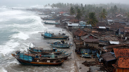 Fishing boats line a devastated coastal village after a powerful tsunami, with debris and damaged homes along the shoreline