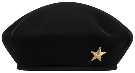 Black beret with gold star isolated on transparent background