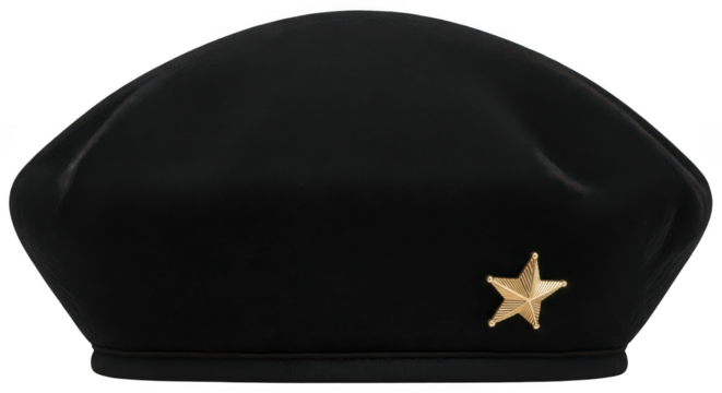 Black beret with gold star isolated on transparent background - Powered by Adobe