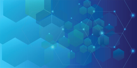 Obraz premium Modern abstract technology background featuring interconnected glowing points and transparent blue hexagonal shapes.