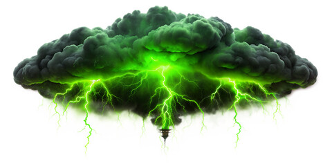 A dark, ominous storm cloud with vibrant green lightning strikes emanating from its core, isolated on a transparent background