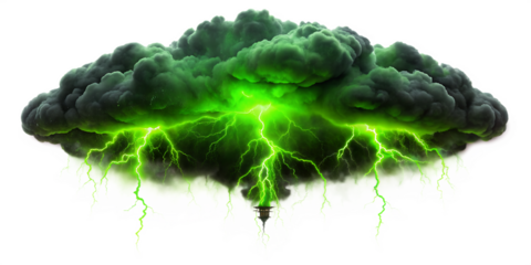 A dark, ominous storm cloud with vibrant green lightning strikes emanating from its core, isolated on a transparent background