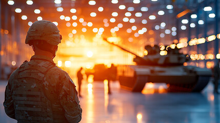 Soldier stands in military facility, observing tank as warm light fills space, creating dramatic atmosphere
