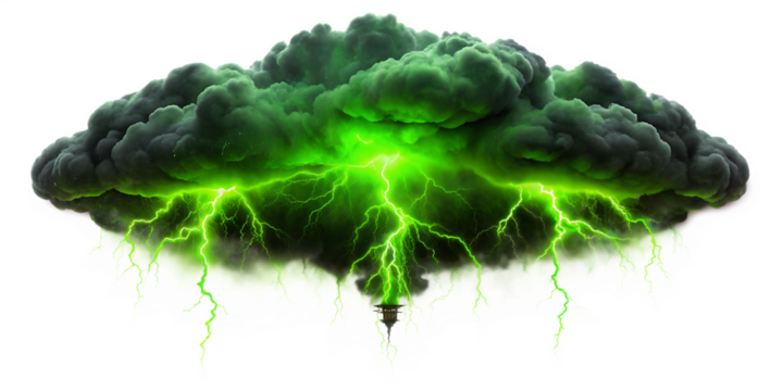 A dark, ominous storm cloud with vibrant green lightning strikes emanating from its core, isolated on a transparent background - Powered by Adobe