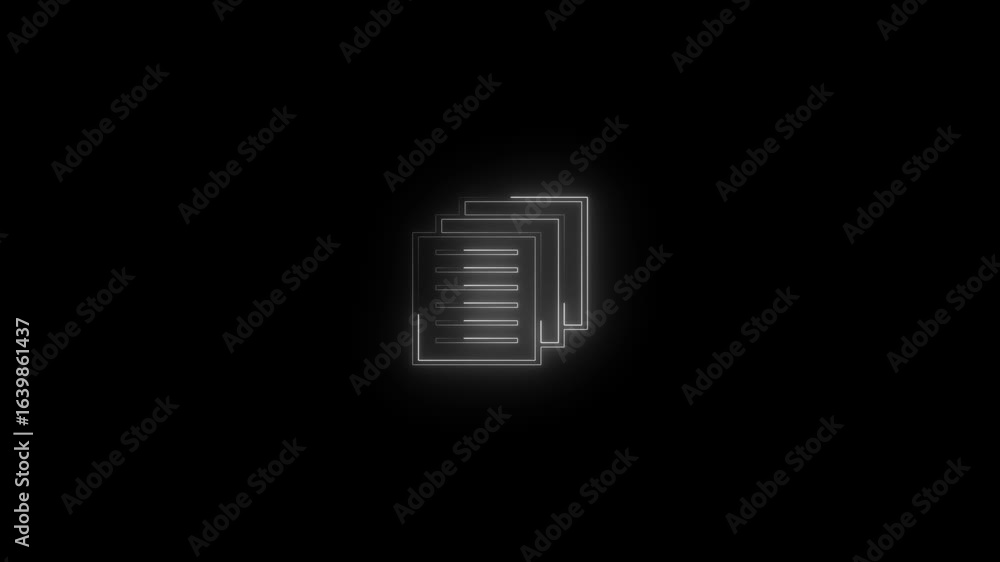 Poster neon file documents uploading icon animation .glowing white neon document sign. writing notebook ico