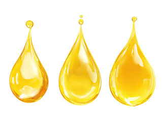 Three glistening, golden-yellow oil drops, varying slightly in size, isolated on a black background.  Each drop displays a smooth, reflective surface and a teardrop shape