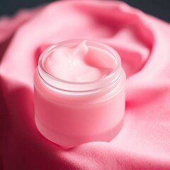 Pink cream jar with soft fabric.