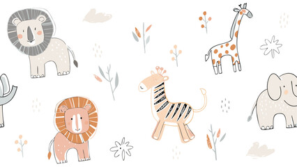 Illustration featuring a lion, giraffe, zebra, and elephant in a whimsical animal themed pattern