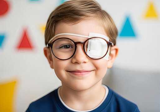 Boy with eye patch and glasses smiling indoors. Portrait emphasizing childhood resilience and care. Pediatric ophthalmology, vision correction, and visual impairment.