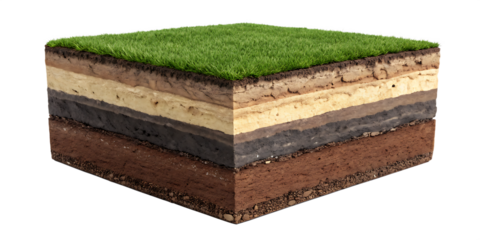 A detailed crosssection of soil layers with green grass on top, isolated on transparent background