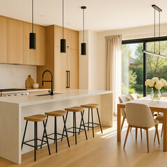 Bright Modern Kitchen and Dining Room with Marble Countertops and Natural Light