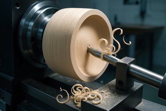 Crafting a wooden bowl on a lathe in a well-equipped workshop