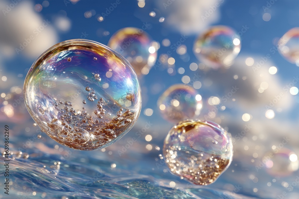 Poster captivating macro shot showing water droplets and bokeh lights on the water surface with reflections