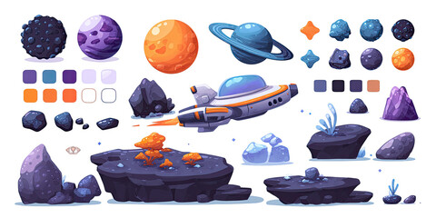Pixel art collection of space objects, including planets, rocks, crystals, a spaceship, and color palettes