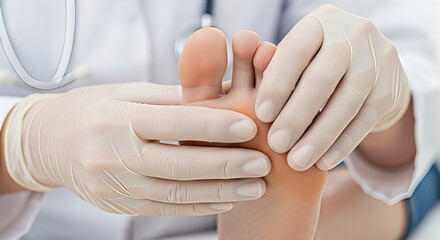 Doctor examines foot in office. A close-up shot of professional medical care. Healthcare expert, podiatry, diagnostic exam.