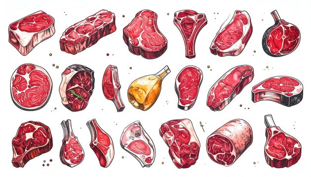 Various cuts of beef and other meats illustrated.