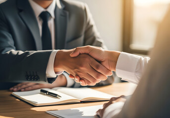 Obraz premium A close up shot of two business people shaking hands over a notebook with a pen on a wooden table
