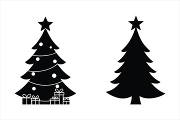 Two christmas trees with gifts and star on top silhouette