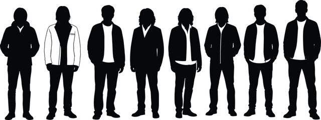 Male casual fashion silhouettes set, standing men in jackets and shirts, different poses, isolated black vector illustration, modern style, urban clothing concept