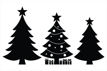 Three decorated christmas trees with stars and gifts silhouette