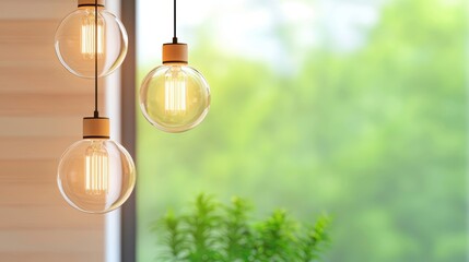 Office pendant lights with clear bulbs hanging in a well lit shared workspace