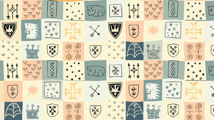 Whimsical patchwork of heraldic symbols and nature icons in a colorful grid arrangement design style