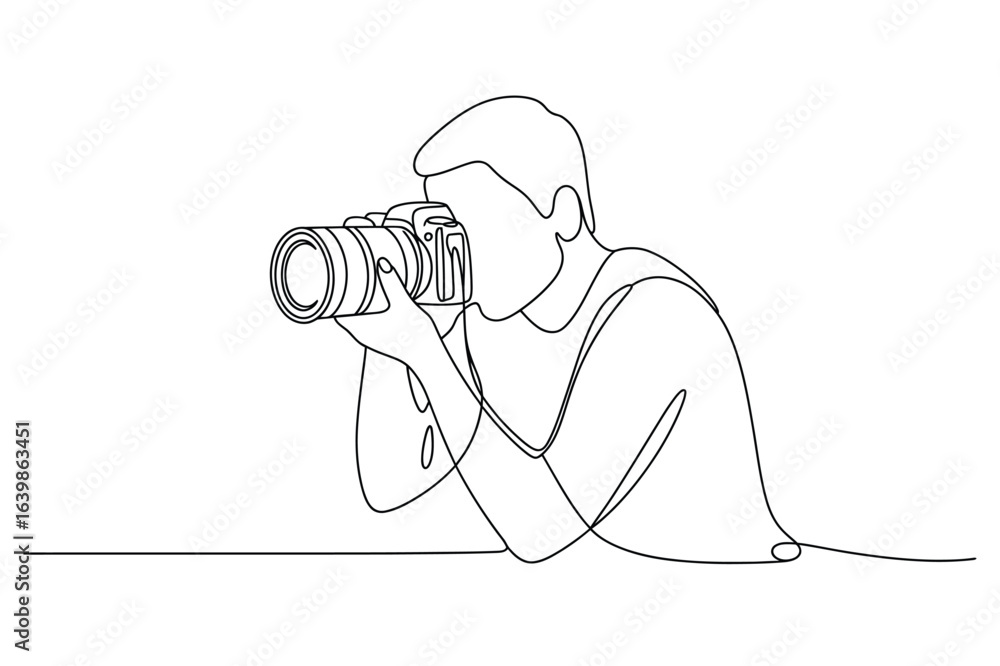 Poster continuous one-line drawing of a photographer. a simple minimalist line art.