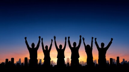 Silhouettes of a diverse group celebrating against a vibrant sunset skyline