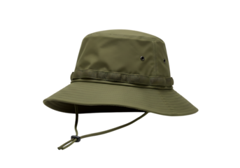 Khaki bucket hat with decorative band isolated on transparent background