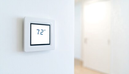Digital thermostat mounted on a white wall.